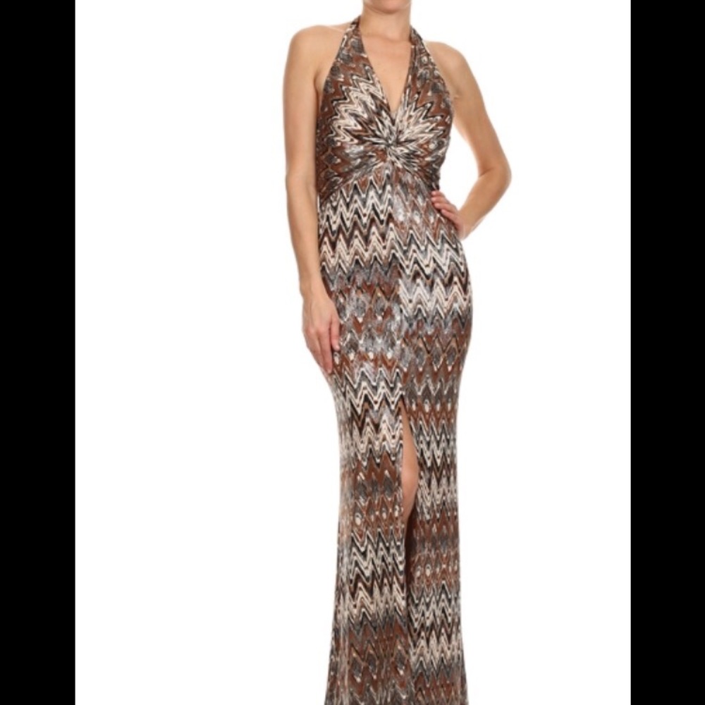 Halter Zigzag Print Gown Front Slit